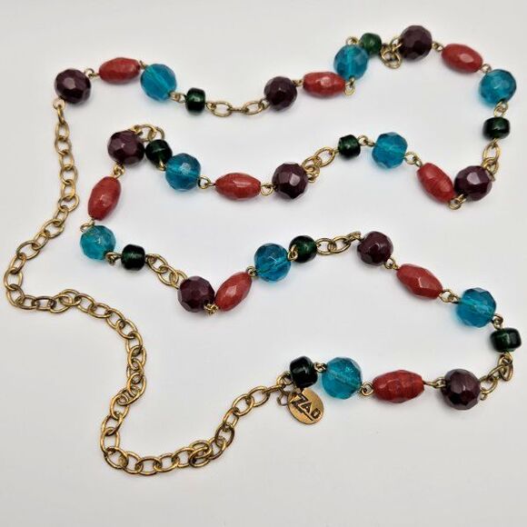 Zad Muted Multicolor Glass Beads on Long Gold Tone Oval Link Chain Necklace - Picture 1 of 4